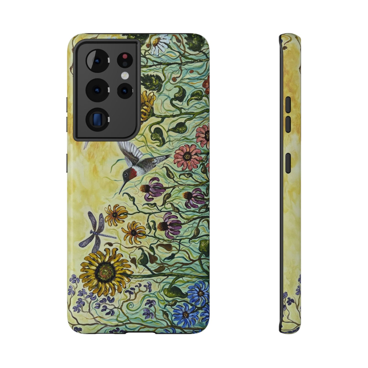 Floral Impact-Resistant Phone Case | Hummingbird and Dragonfly Design